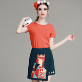 miuco红色短袖T恤+扑克牌贴布半裙套装