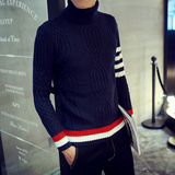 男装冬季加厚保暖高领毛衣青少年个性条纹针织衫男士韩版修身线衣
