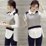 2016春装新款韩版衬衫女拼接娃娃领上衣修身显瘦衬衣假两件衬衫女