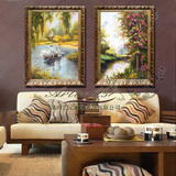 手绘风景油画欧式田园客厅餐厅卧室玄关壁炉别墅有框画HY25天鹅湖