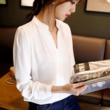 雪纺衬衫女长袖显瘦深V2016春夏季新款韩系性感低领简单衬衣寸衫