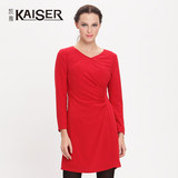 凯撒冬装新款简约女装中裙长袖圆领修身显瘦红色连衣裙A字裙