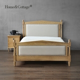 HC 欧式复古实木架子床 双人1.5/1.8M带床尾棉麻软包美式乡村家具
