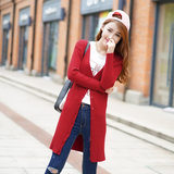新款春装2016韩版纯色针织衫开衫女V领中长款毛衣开衫外套女学生