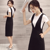 2016夏新款韩版女装时尚修身圆领短袖白t恤条纹v领黑色背带套装裙