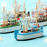 微景观创意生日礼物 地中海风格帆船纯手工木质工艺品渔船大帆船