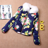 印花色短款棉服女冬装2015新款韩版修身棉袄甜美短款毛领棉衣外套
