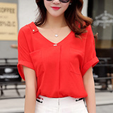 2016夏季新款女装 显瘦上衣红色V领通勤单件套头韩版宽松短袖衬衫