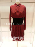 韩国COMI**外贸原单小钻石印花酒红色束腰长袖连衣裙