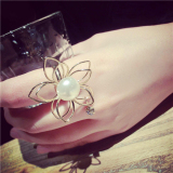 韩国珍珠镂空立体花朵戒指开口可调节个性食指指环欧美装配饰品女
