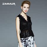 ZIMMUR2016夏季新款女装上衣V领无袖OL通勤时尚气质百搭蕾丝衫女