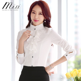 女士白衬衫立领荷叶边衬衣女长袖韩版大码修身职业通勤OL