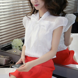 2016夏季新款韩版女装 蝴蝶结雪纺通勤套头单件宽松V领短袖打底衫