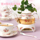 高档骨瓷花茶具套装 豪华欧式陶瓷浮雕咖啡杯碟 可加热玻璃茶壶