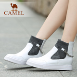 Camel骆驼休闲舒适 水染牛皮弹力绒布链条圆头新款女短靴