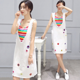 套装女2016夏季新款时尚潮韩国学生彩色条纹背心修身连衣裙两件套