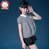 女童短袖衬衫2016夏装中大童黑白条衬衫12-15岁韩版胖女童娃娃衫