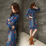 韩国女装2016新款连衣裙 春秋长袖时尚印花修身中长款包臀牛仔裙