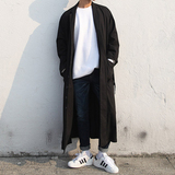 日系原创潮男超长款宽松纯色风衣西装领系带暗黑个性外套青年潮衣