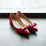纯色小红鞋小蝴蝶结尖头粗跟方根中跟单鞋 舒适浅口软底女鞋婚鞋