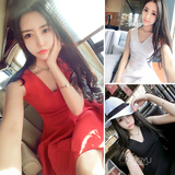韩版2016新款修身中长款性感深V领裙子无袖裙显瘦针织连衣裙夏季
