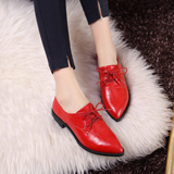 春季新款全牛皮低跟尖头单鞋女英伦风系带红色时尚休闲鞋真皮潮鞋