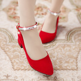磨砂水钻新款单鞋女粗跟浅口一字扣带红色高跟鞋春季圆头女鞋婚鞋