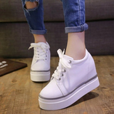 新款韩版时尚坡跟小白鞋女 高跟厚底隐形内增高学生护士平底单鞋