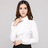 长袖女士职业衬衫OL修身甜美风琴褶立领韩版白色打底衬衣