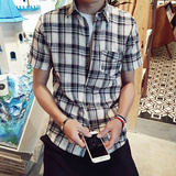 夏季复古格子衬衫男士修身大码学生短袖衬衣韩版青年潮流男装薄款