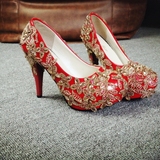 新款奢华婚鞋红色花朵金色女鞋水钻高跟鞋新娘鞋单鞋满钻水晶鞋女