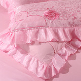 结婚庆韩式公主四件套 大红粉色4件套 蕾丝立体花边 贡缎提花床品
