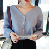 2016秋款衬衫女韩版条纹女款修身纯色v领直筒长袖衬衫女士上衣潮
