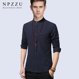NPZZU衬衫男长袖亚麻修身韩版修身纯色纯棉大码宽松青年学生潮流