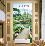 中式客厅玄关过道背景墙壁画墙纸壁纸流水生财大型壁画无缝3d风景
