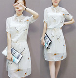 女装2016夏装新款韩版雪纺印花显瘦短袖连衣裙衬衫中长款裙子女