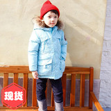 现货韩国童装男女童2015冬装红蓝色连帽羽绒服外套mini-g正品代购