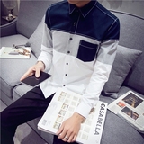 韩版春季青少年衬衫男长袖撞色拼接学生衬衣修身纯色常规打底上衣