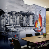 欧式建筑城市油画帆船复古壁纸 3d餐厅休闲吧咖啡厅墙纸大型壁画