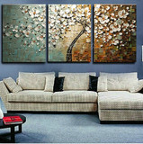 欧式客厅装饰画纯手绘油画现代沙发背景墙餐厅三联无框抽象发财树