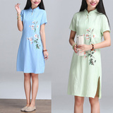 2016夏季新款原创中国棉麻民族风女装短袖手绘改良旗袍复古连衣裙