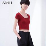 Amii2016夏短款纯棉t恤女短袖纯色紧身大圆领百搭修身露脐上衣女