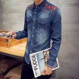 韩版2016新款几何图案牛仔布修身衬衫男士潮男装尖领大码衬衣常规