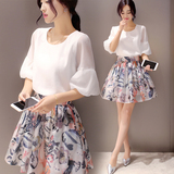 连衣裙春秋款2016新款韩版白色显瘦时尚印花蓬蓬裙套装两件套女裙