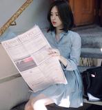 韩国官网代购milkcocoa 甜美气质优雅衬衫领蓝色蝴蝶结系带连衣裙