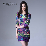 Max LuLu2016春夏新款女装复古修身大码印花针织中国风优雅连衣裙