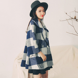 2015冬装新款女装大衣韩版复古英伦斗篷羊毛格子中长款毛呢外套女