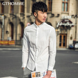 gthomme2016春季新款男士亚麻衬衫复古修身韩版青年纯色长袖衬衣