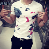 夏季中国风花鸟虫鱼大码印花T恤男圆领短袖青年潮流修身花体恤衫