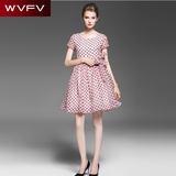 WVFV欧美2016夏季新款短袖小清新A字圆领大摆系带波点印花连衣裙